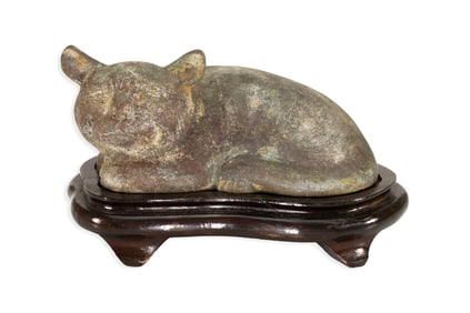 Han Style Chinese Cat Antique Cast Bronze Sculpture on Wooden Base Early 20th Century