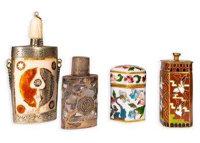Antique Set of 4 Asian Cloisonne Snuff Bottles & Lidded Vessels 20th Century Decorative Objects