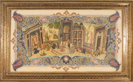 Traditional Indian Antique Oil Painting on Thin Bone Panel 20th Century Inlaid Mosaic Frame
