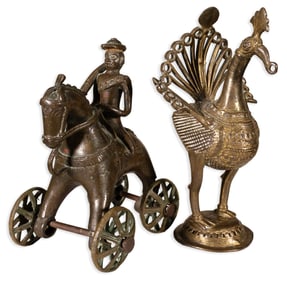Antique Indian Horse Rider on Wheels & Peacock Bronze Figurine Sculpture 20th Century