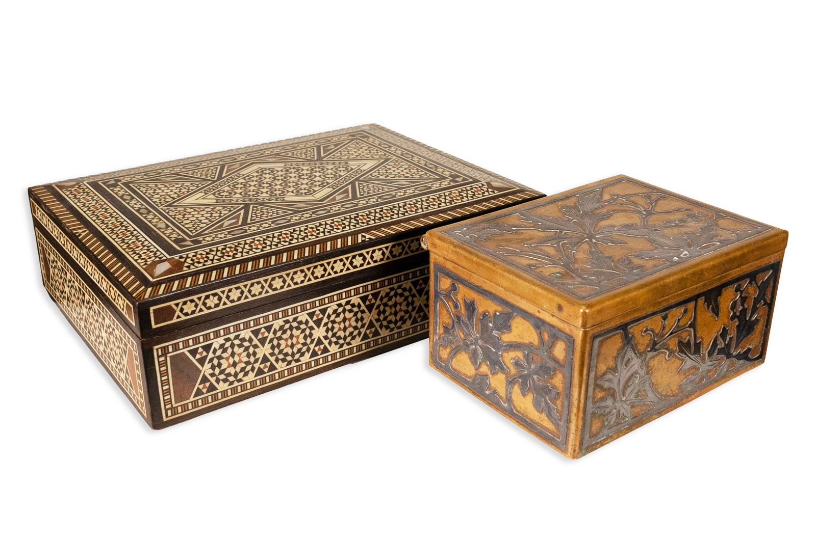 Antique Middle Eastern Mother of Pearl Inlaid Box & Art Nouveau Brass Box Decorative Objects: This exquisite pair features two striking antique boxes, each showcasing distinct craftsmanship. The larger box displays intricate Middle Eastern geometric marquetry inlay with mother-of-pearl, bone,