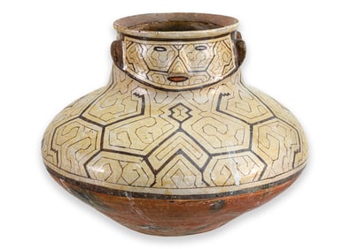 Vintage Pre-Columbian Mayan Style Face Jar Vessel with Geometric Pattern Design