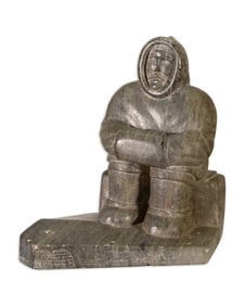 Inuit Seated Figure Igloo Signed Hand-Carved Soapstone Sculpture Native Canadian Art