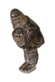 Inuit Two Embracing Figures Signed Hand-Carved Soapstone Sculpture Native Canadian Art
