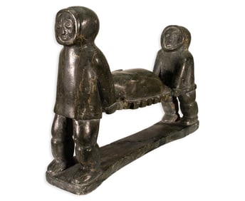 Inuit Two Hunters with Seal Hand-Carved Soapstone Sculpture Traditional Native Canadian Art