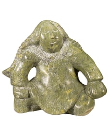 Inuit Seated Figure Braids Hand-Carved Green Stone Sculpture Traditional Native Canadian Art