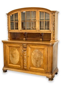 Antique Continental Oak Server Wall Unit 1900 Wood & Glass Panel Doors Early 20th Century