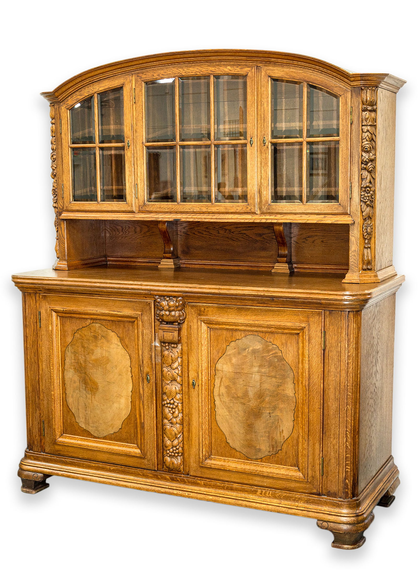 Antique Continental Oak Server Wall Unit 1900 Wood & Glass Panel Doors Early 20th Century (1 of 12)