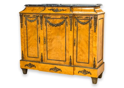 Vintage Antique French Empire Revival Style Burlwood and Marble Buffet Cabinet