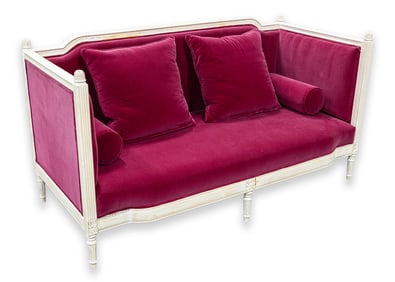 Contemporary Parisian Victorian Sofa White Wood Frame Rich Magenta Velvet Upholstery