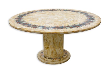 Vintage Marble Stone Mosaic Floral Pattern Round Pedestal Table Nouveau Style 20th Century