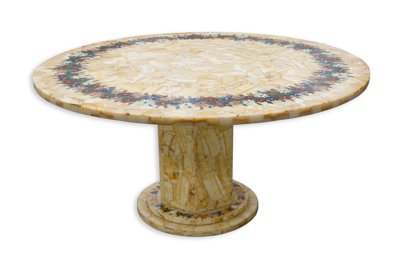 Vintage Marble Stone Mosaic Floral Pattern Round Pedestal Table Nouveau Style 20th Century (1 of 7)