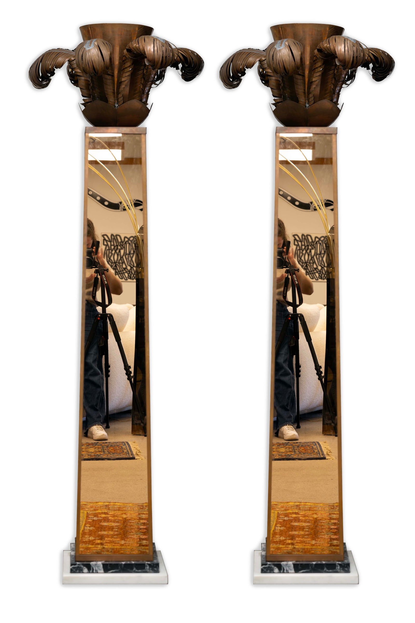 Pair of Art Deco Torchiere Uplight Copper Mirrored Floor Lamps with Marble Base (1 of 8)