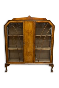 Antique Art Deco Curio Cabinet 1920s Wood & Glass Panel Doors 20th Century Furniture