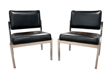 Florence Knoll Style Slipper Chairs in Black Leather Brushed Stainless Steel