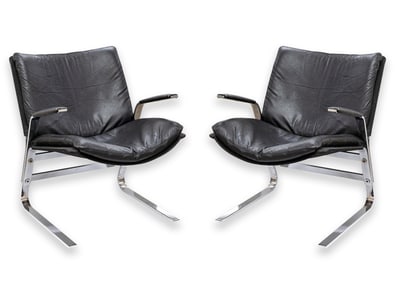 Elsa & Nordahl Solheim Pair of Pirate Chairs for Rybo Rykken Leather & Chrome 1970s Postmodern