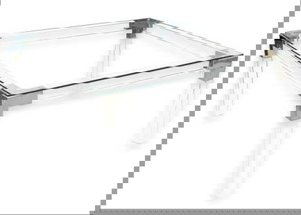 DIA Design Institute of America Glass Lucite and Chrome Modern Cocktail Coffee Table: A Design Institute America contemporary modern coffee table. This lovely modern design coffee table features a glass table top, an acrylic frame, and chrome accents. This table fetaures a series of sq