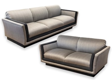 Pair of Ligne Roset Style Tufted Gray & Black Matching Sofa Couch & Loveseat Set