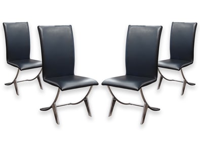 Set 4 Chrome Steel and Black Naugahyde Vinyl Contemporary Modern Dining Chairs