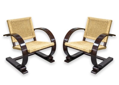 Pair of Mitchell Gold and Bob Williams Brown Wood and Cane Cantilever Armchairs