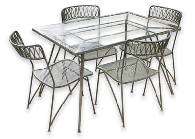 Maurizio Tempestini for Salterini Wrought Iron Patio Table w/ 4 Ribbon Pattern Chairs 1960s