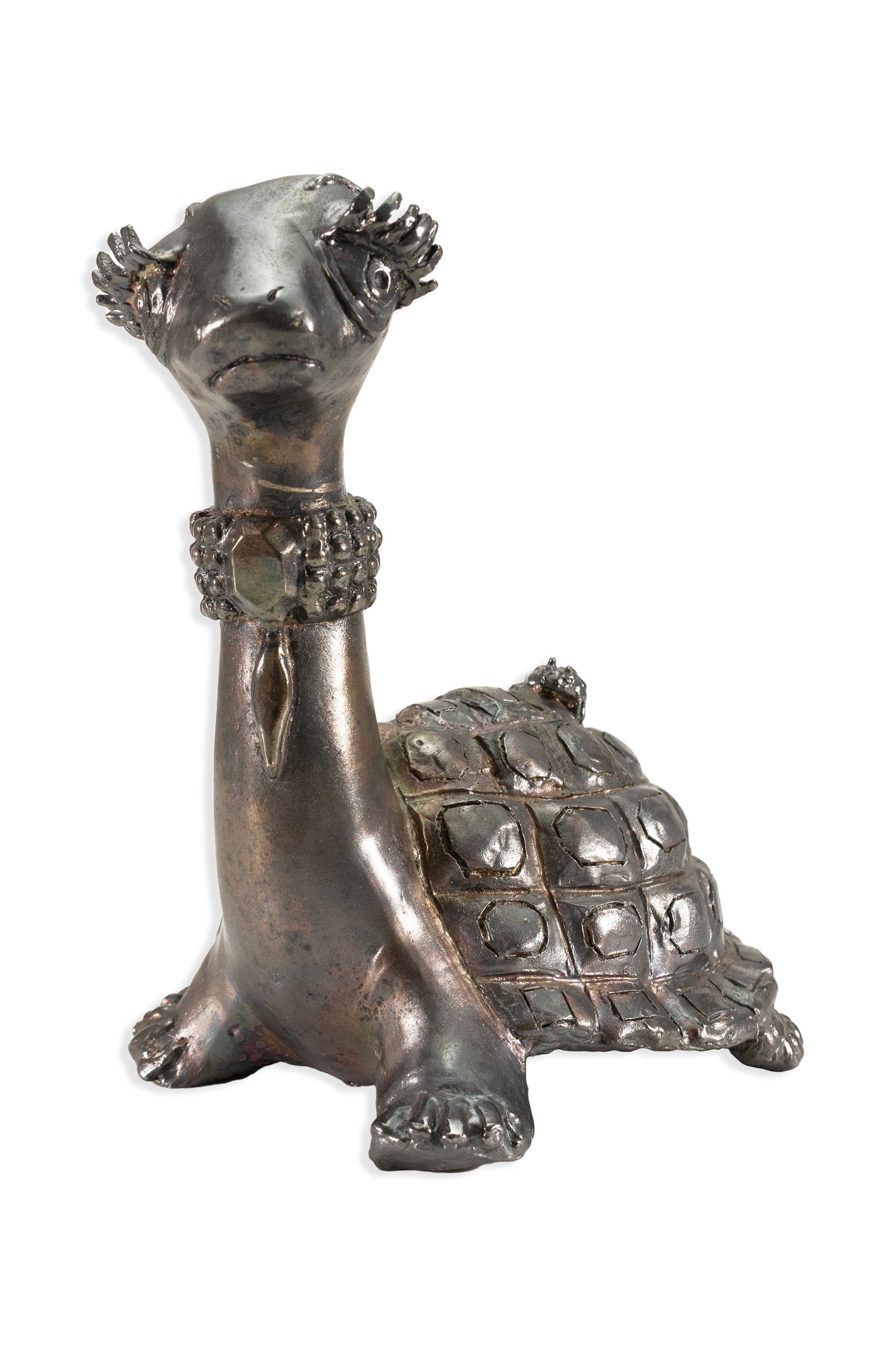 Modern Brutalist Fashionista Tortoise Turtle Cast Metal Sculpture Signed G.G. 1973: A modern Brutalist “fashionista” tortoise or turtle cast metal sculpture. Signed “G.G. ‘73” and annotated 12/500 on the underside. A whimsical composition with exaggerate