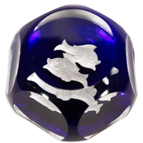 Baccarat France Zodiac Pisces Crystal Cobalt Vintage Art Glass Paperweight 1950s