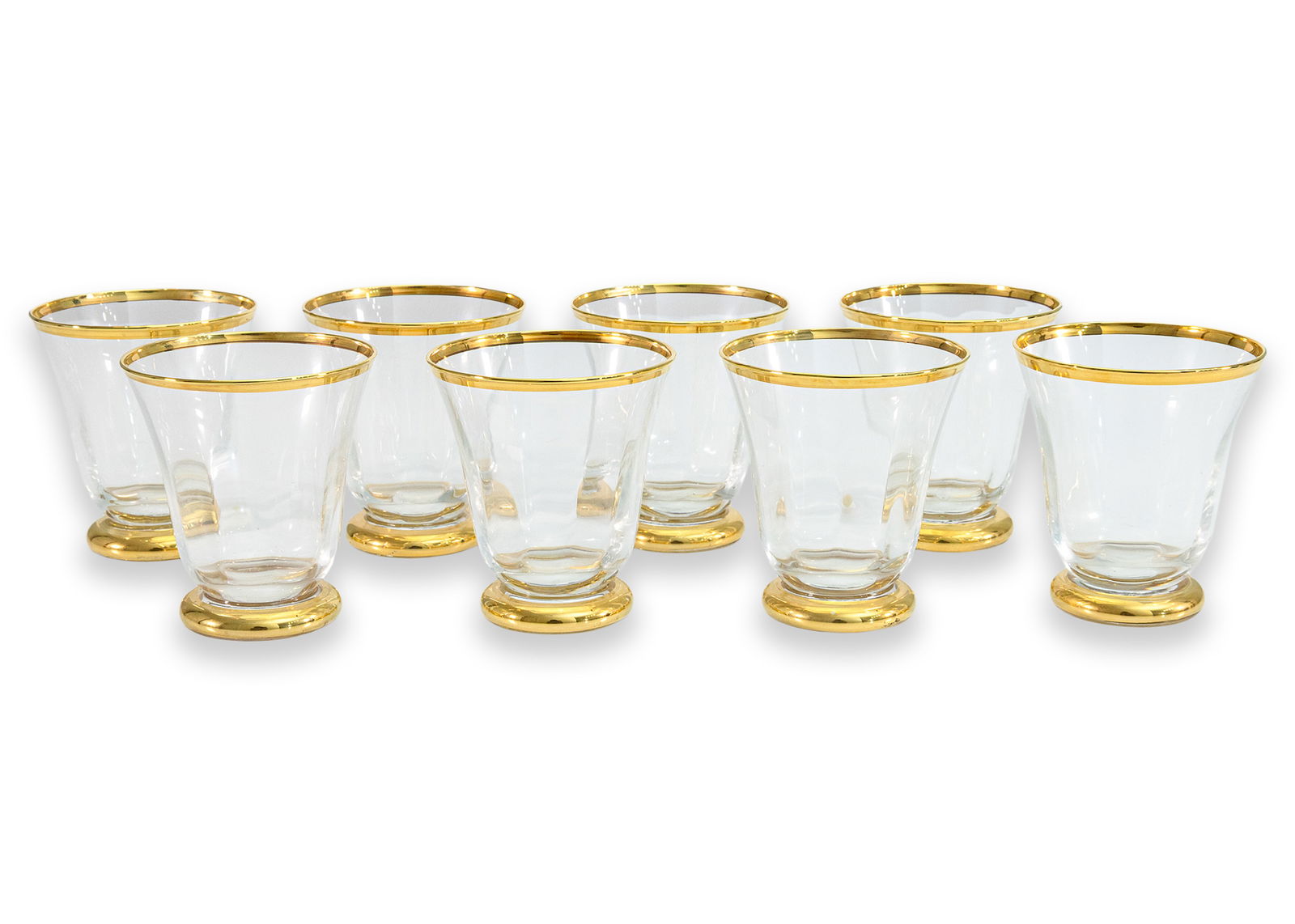 AERIN Sophia Collection Set of 8 Tumblers Gold-Trimmed Crystal Glass Contemporary Dining: A refined set of 8 crystal tumblers from the AERIN Sophia collection, exuding understated luxury. Each glass features a gently flared silhouette and is delicately hand-trimmed with 24k gold at the rim