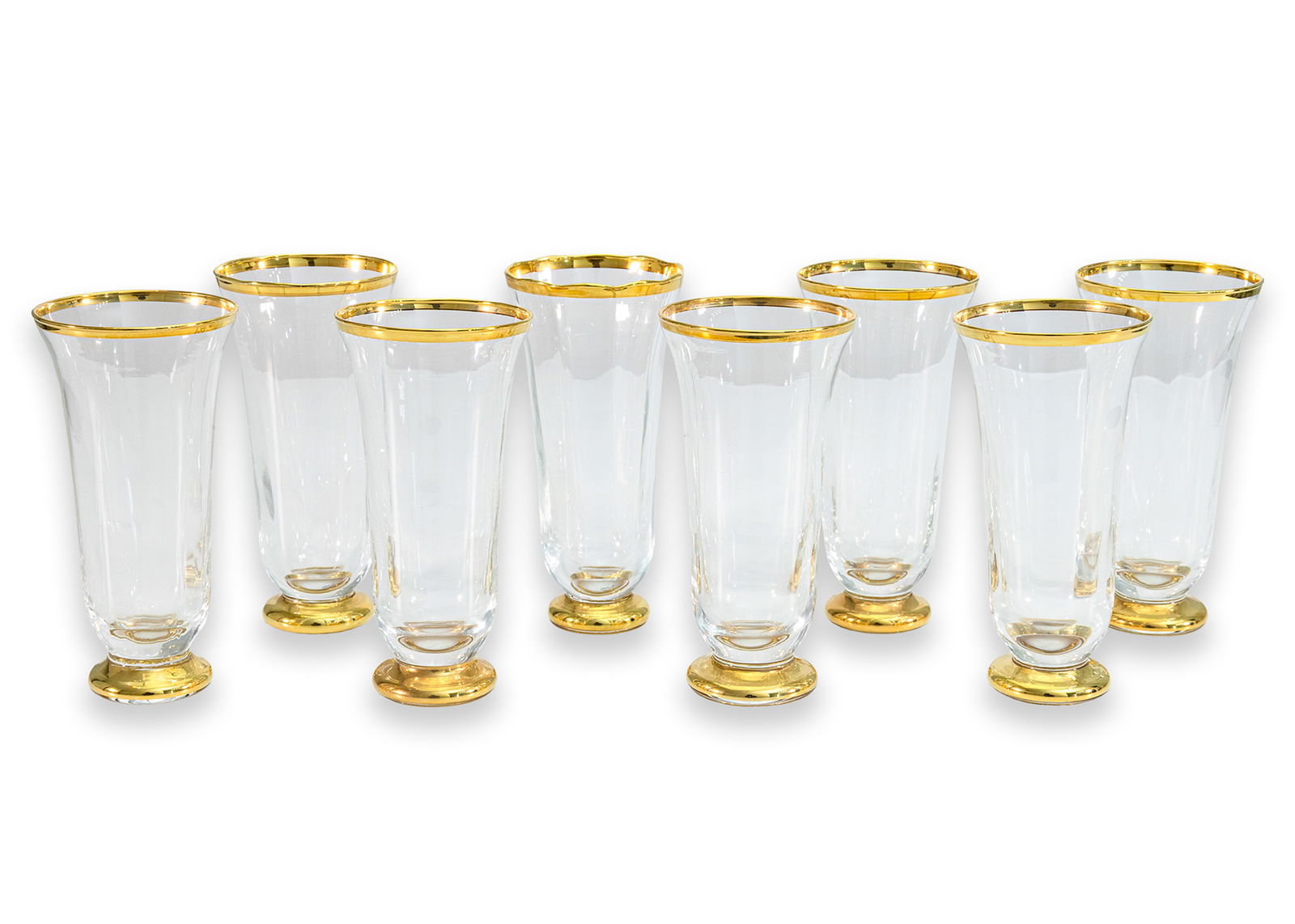 AERIN Sophia Collection Set of 8 Wine Flutes Gold-Trimmed Crystal Glass Contemporary Dining: A refined set of 8 wine flutes from the AERIN Sophia collection, exuding understated luxury. Each glass features a gently flared silhouette and is delicately hand-trimmed with 24k gold at the rim and