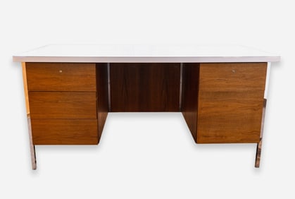 Knoll - Desk, c. 1960s Walnut Double Pedestal Desk with White Laminate Top Modern Design