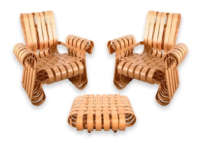 Frank Gehry for Knoll - Power Play, 1990 Pair of Bentwood Armchairs and Matching Ottoman
