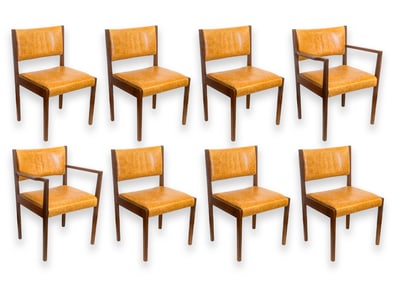 Jens Risom - Dining Chairs, c. 1960s Set of 8 Teak & Leather Danish Modern Design