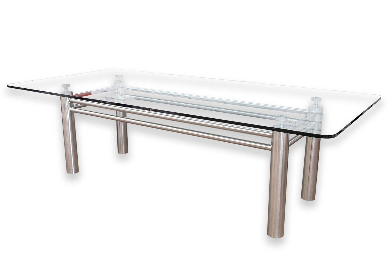 Brueton - Dining Table, c. 1970s Stainless Steel and Glass with Wheels Postmodern Design: A contemporary modern glass and chrome steel dining table. This wonderful dining table features a large, thick rounded glass tabletop. The tabletop sits on a beautiful modern chrome steel base with a