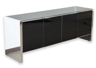 Ello Modern Polished Chrome and Black Smoked Glass Credenza Sideboard Postmodern Design