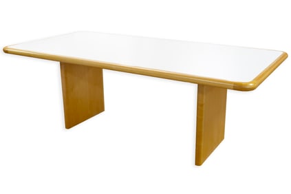 Tobocman - Custom Dining Table, c. 1970s White Lacquer with Wood Base, Postmodern Design