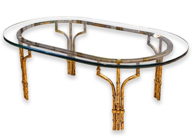 Vintage Hollywood Regency Style Faux Brass Metal Oval Glass Coffee Table, c. 1960s