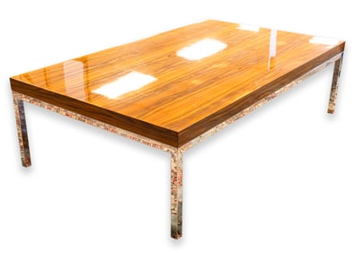 Contemporary Modern Chrome Base Walnut Wood Veneer Lacquered Coffee Table, c. 1980s