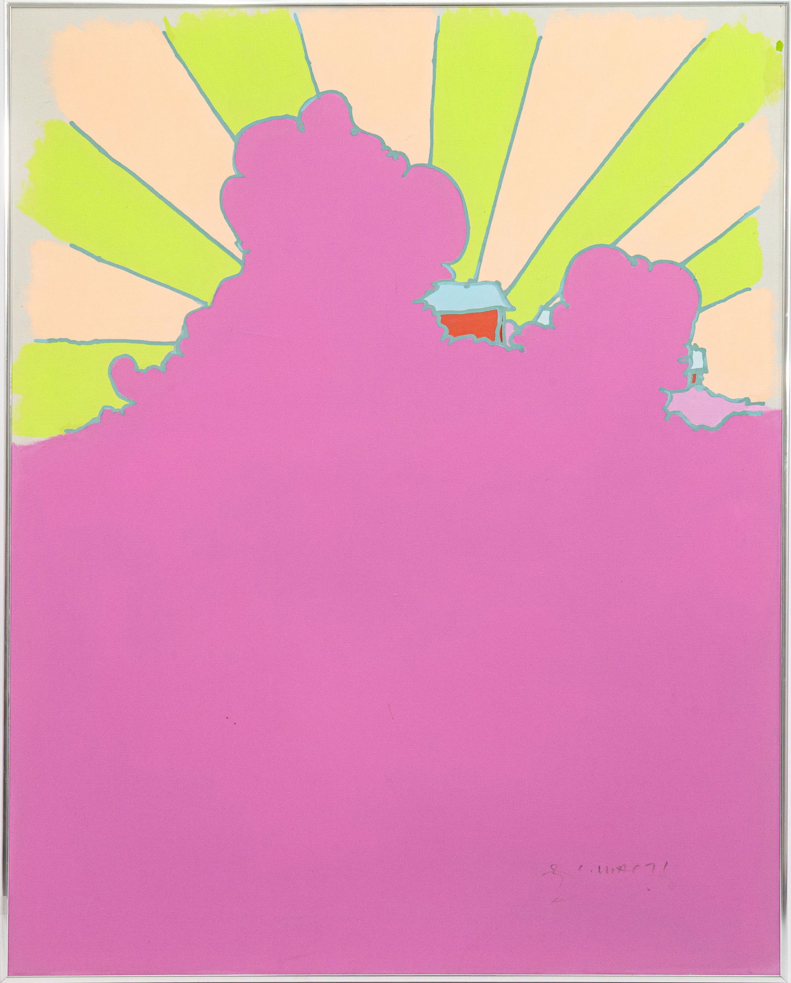 Peter Max - House in the Clouds, 1971 Signed Acrylic on Canvas Pop Art Abstraction Framed: An original acrylic on canvas titled "House in the Clouds" by Peter Max. Hand signed and dated 1971 on the lower left. This painting epitomizes the artist's iconic Pop Art style - a fantastical vision