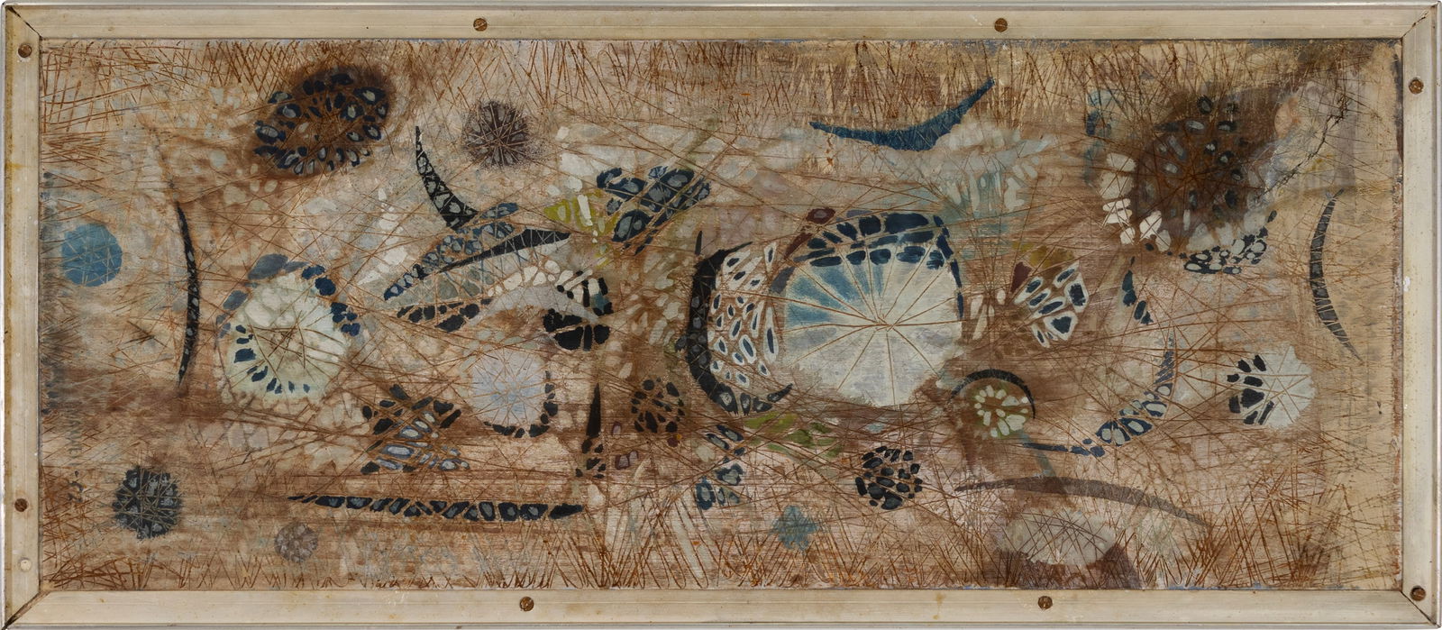 Paul Maxwell - Fungi, 1952 Signed Modernist Abstract Tempera Painting on Board Framed: An early modernist abstract tempera painting on board titled "Fungi" by American artist Paul Maxwell. Hand signed and dated 1952 on the left side as well as on the verso. The composition features an o
