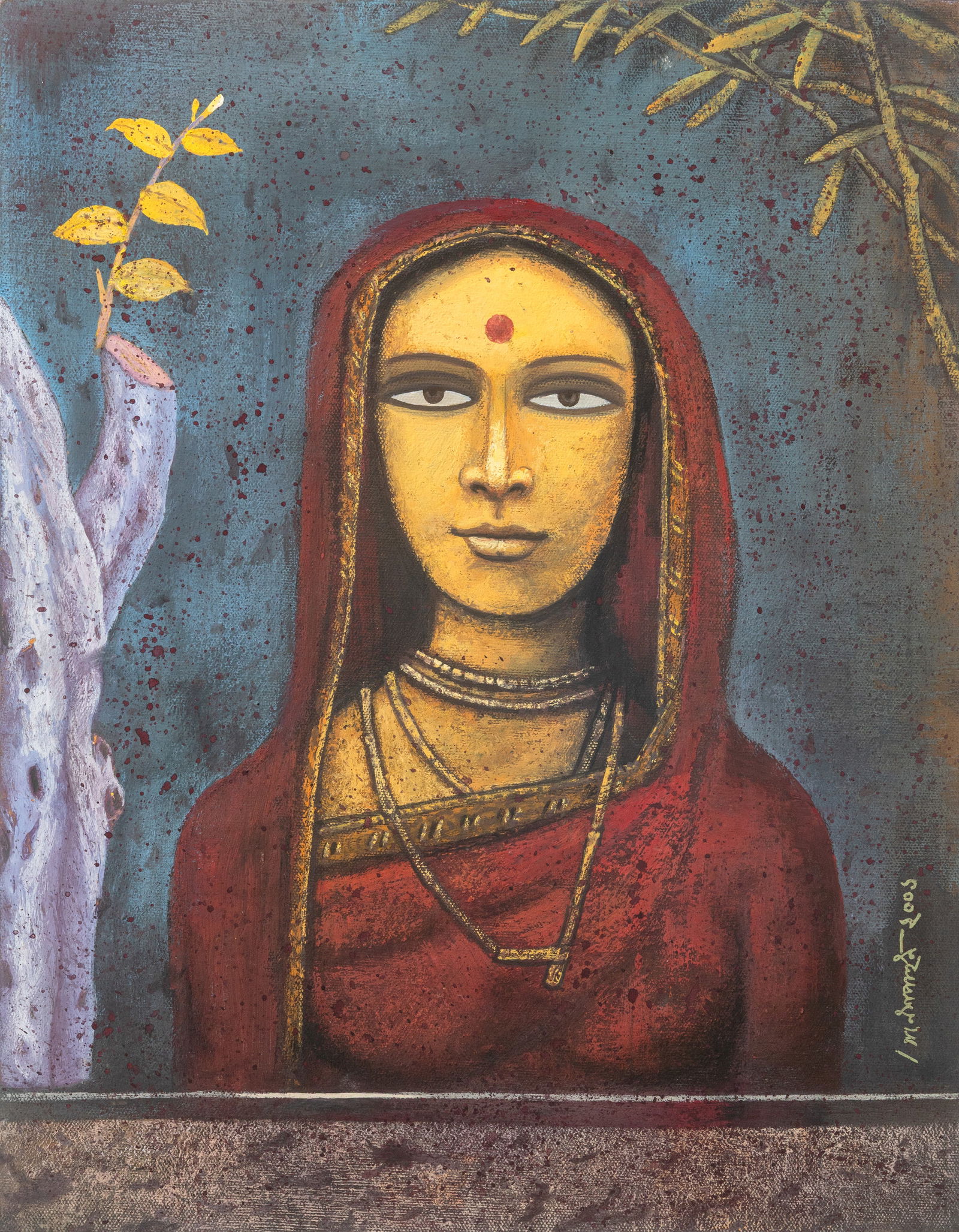 Ganesh Pyne - Untitled, 2001 Signed Tempera on Canvas Board Bengal School of Art: A contemporary portrait tempera on canvas board by eminent Bengal School modernist Ganesh Pyne. Hand signed in Bengalil and dated 2001 via the lower right. A composition depicts a woman's serene yet e