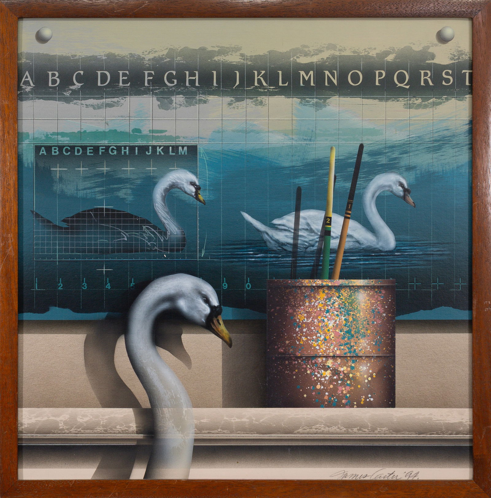 James Carter - Swans, 1994 Acrylic on Canvas Contemporary Surreal Tromp-l'oeil Painting (1 of 5)