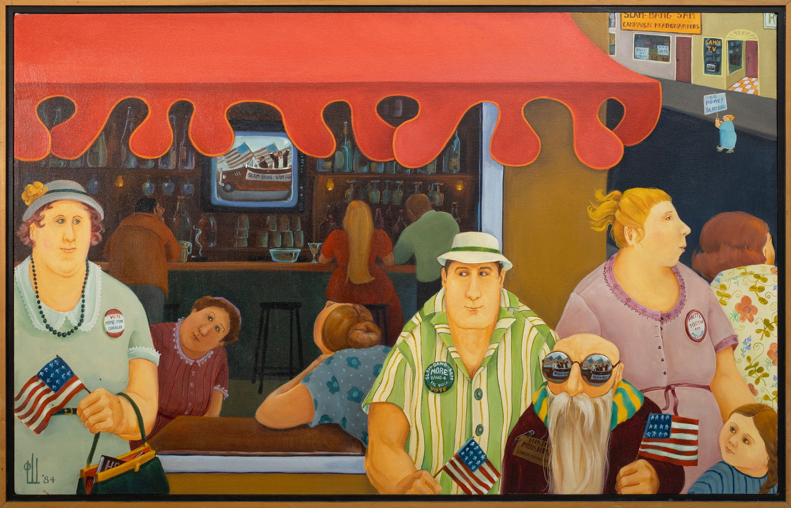 Lynne Loshbaugh - Mukhtor and the Emerald Eye, 1984 Signed Folk Art Acrylic Painting: A vibrant and humorous folk art painting titled "Mukhtor and the Emerald Eye" by Lynn Loshbaugh. Signed "LL '84" on the front and inscribed with the title on verso. The whimsical composition captures