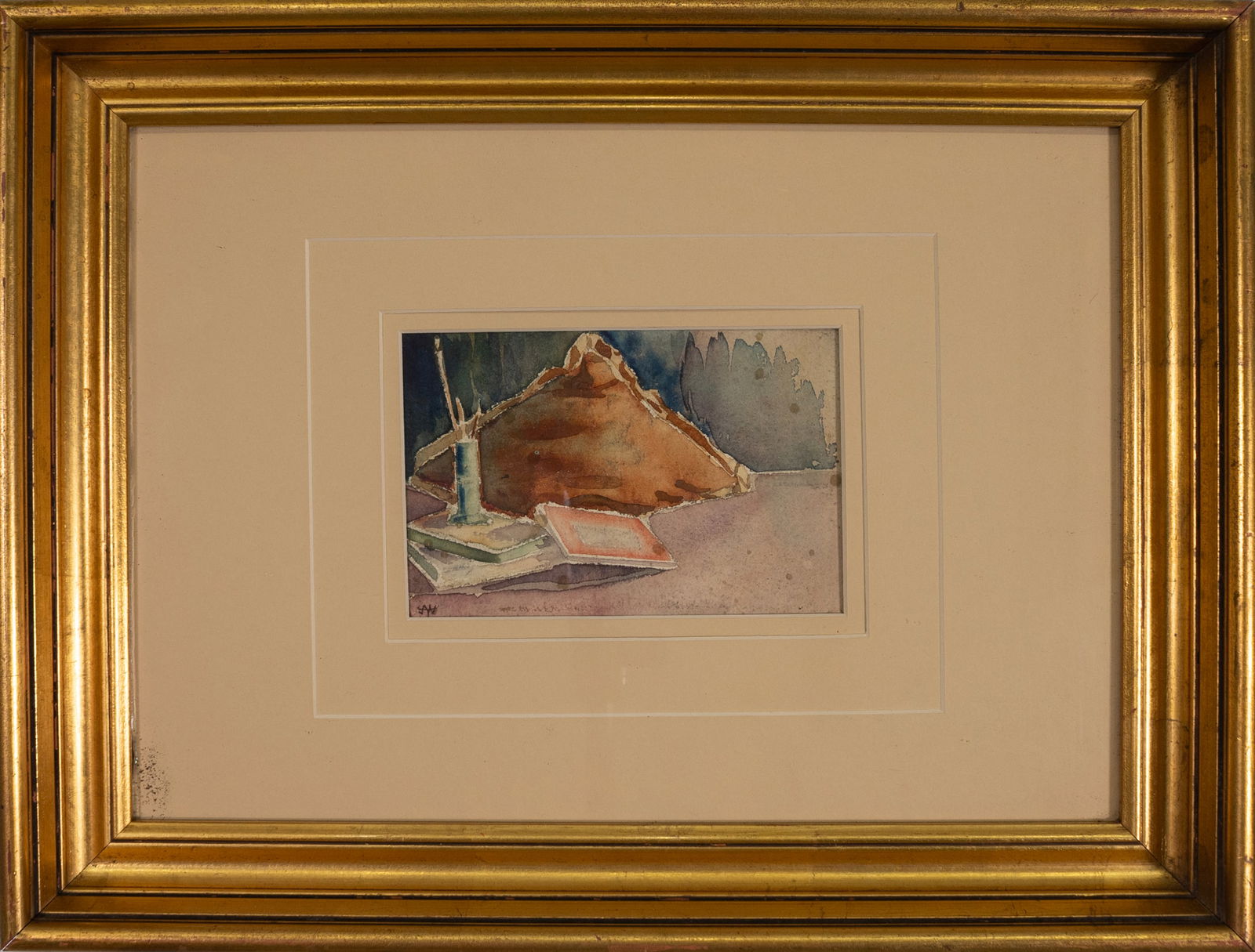 Thomas Moran (1837-1926) - A Studio Study Signed Watercolor on Paper Hudson River School: A watercolor study on paper by renowned Hudson River School painter Thomas Moran. Signed via the lower left with the stylized arrow-like "TM" monogram. An intimate composition captures a quiet studio