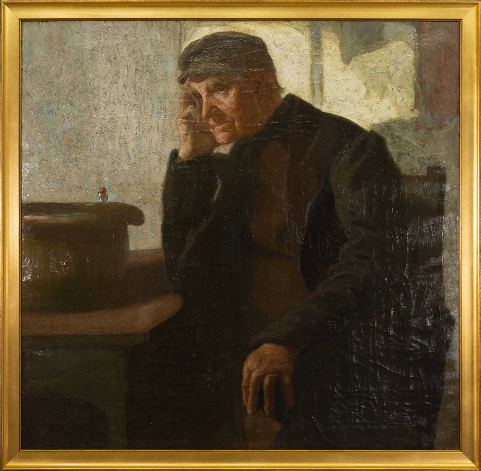 Myron Barlow (1873-1937) - Untitled (Portrait of Man) Signed Oil on Canvas American Realism: An oil on canvas by American artist Myron Barlow, a noted figure in early 20th-century American painting. Signed lower right. This contemplative portrait captures an elderly man in a moment of quiet i