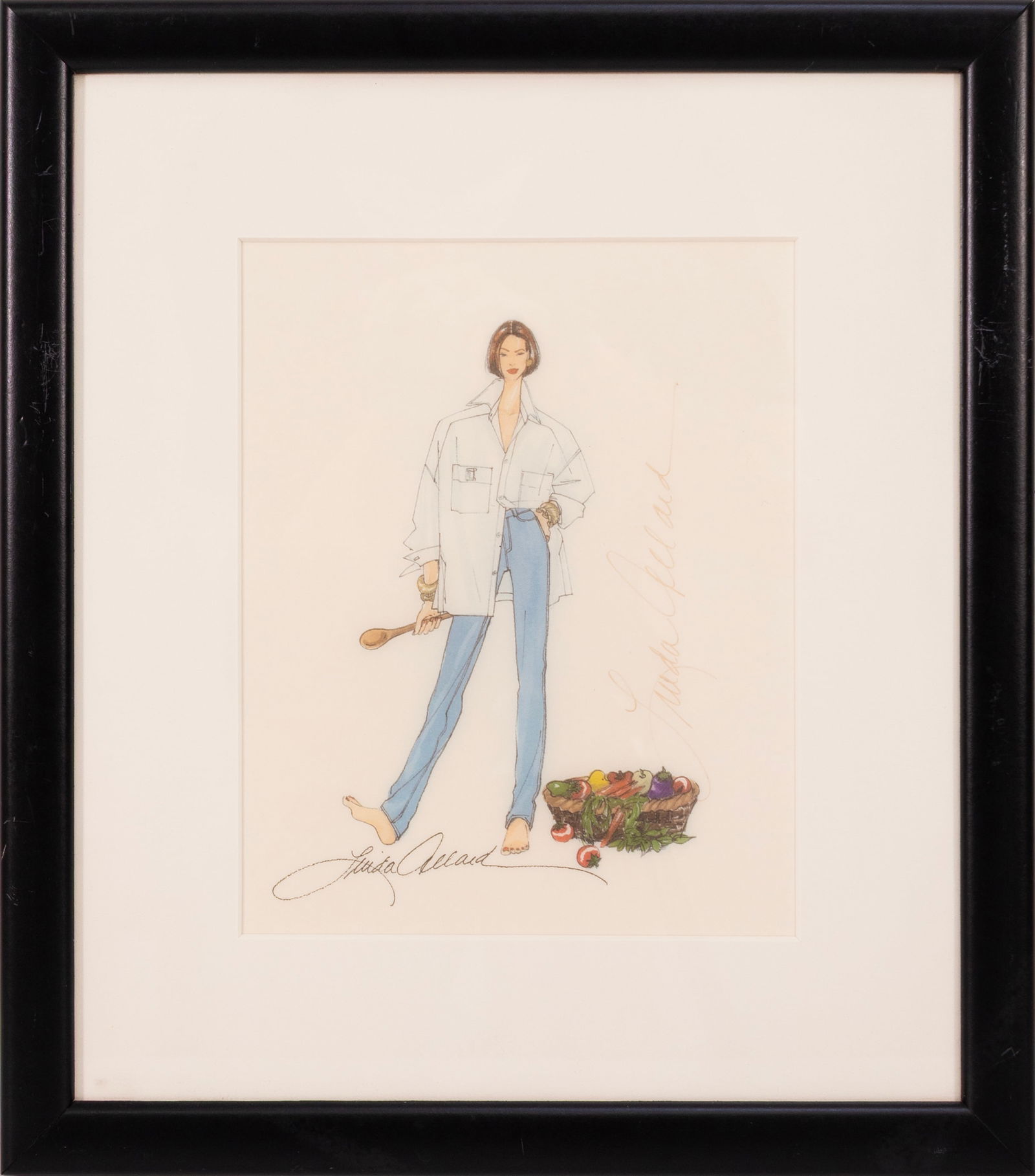 Linda Allard - Vintage Fashion Illustration Color Marker & Ink Sketch on Paper Signed Framed (1 of 3)