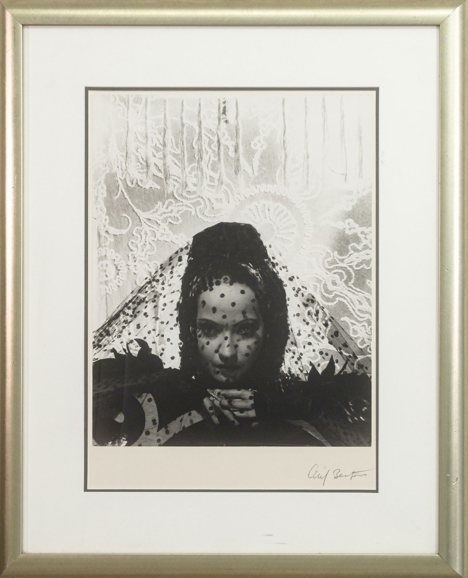 Cecil Beaton - Merle Oberon as Antonita, 1934 Signed Medium Silver Gelatin Print, 1970s: A modern medium-format silver gelatin print titled "Merle Oberon as Antonita, 1934" by renowned British photographer Cecil Beaton. Hand signed in pencil on mount. Circa 1970s. The image exemplifies Be