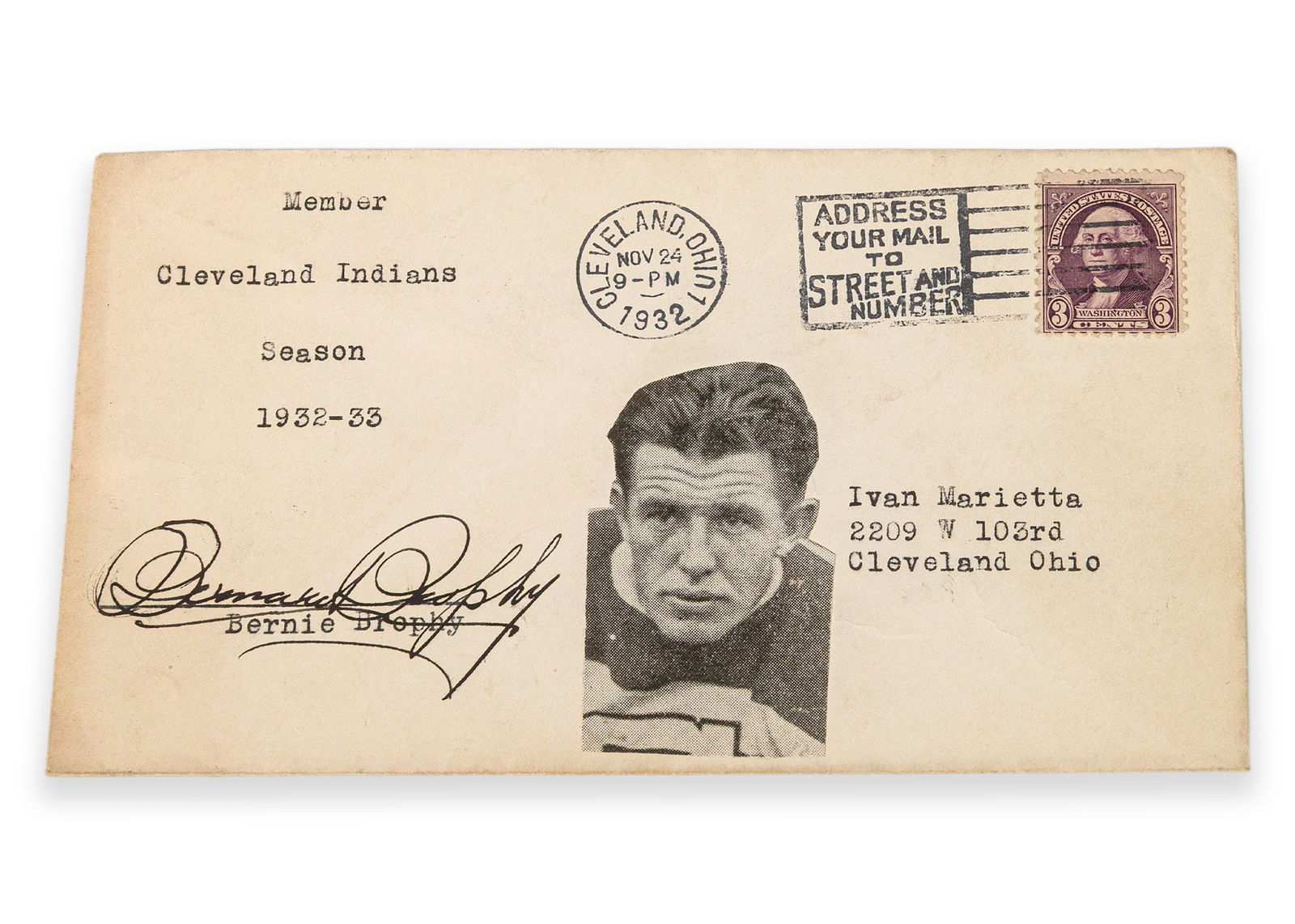 BERNIE BROPHY Signed Season 1932-33 Cleveland Indians Member Envelope HOF Beckett LOA: Vintage/Original 1932-33 Cleveland Indians Member Envelope signed by Hall of Famer Bernie Brophy. Item is in amazing condition considering its age, see photos for more condition details! Autograph is