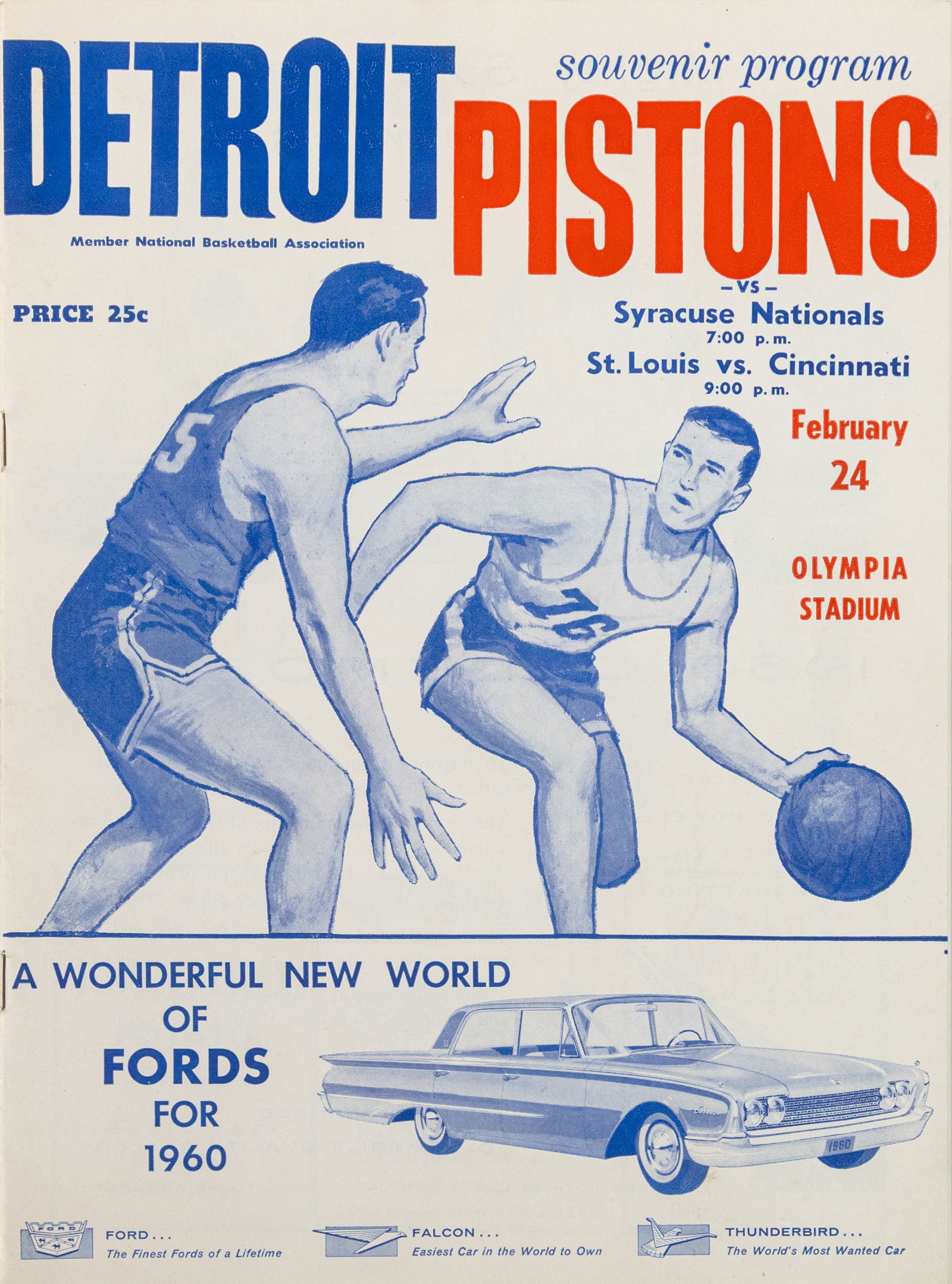 Vintage February 24th 1960 Detroit Pistons VS Nationals Olympia Stadium Souvenir Program Near-Mint (1 of 5)