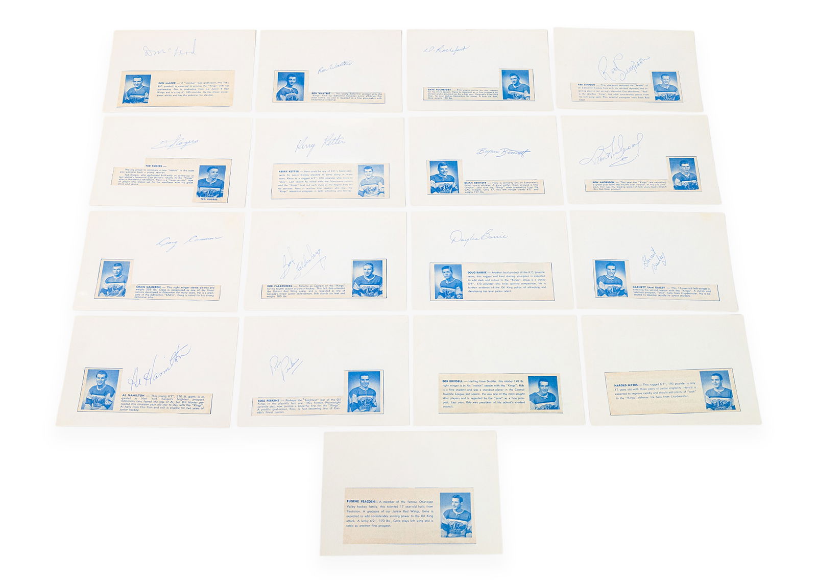 1965-66 Edmonton Oil Kings Championship Team Signed Custom Vintage Info Notecards 14 Autographs: 1966 Memorial Cup Champions Edmonton Oil Kings 6.5x4.5 inch Individual signed Custom Player info notecards. 17 cards in all, 14 of them which got signed, autographs include, Ross Perkins, Al Hamilton,