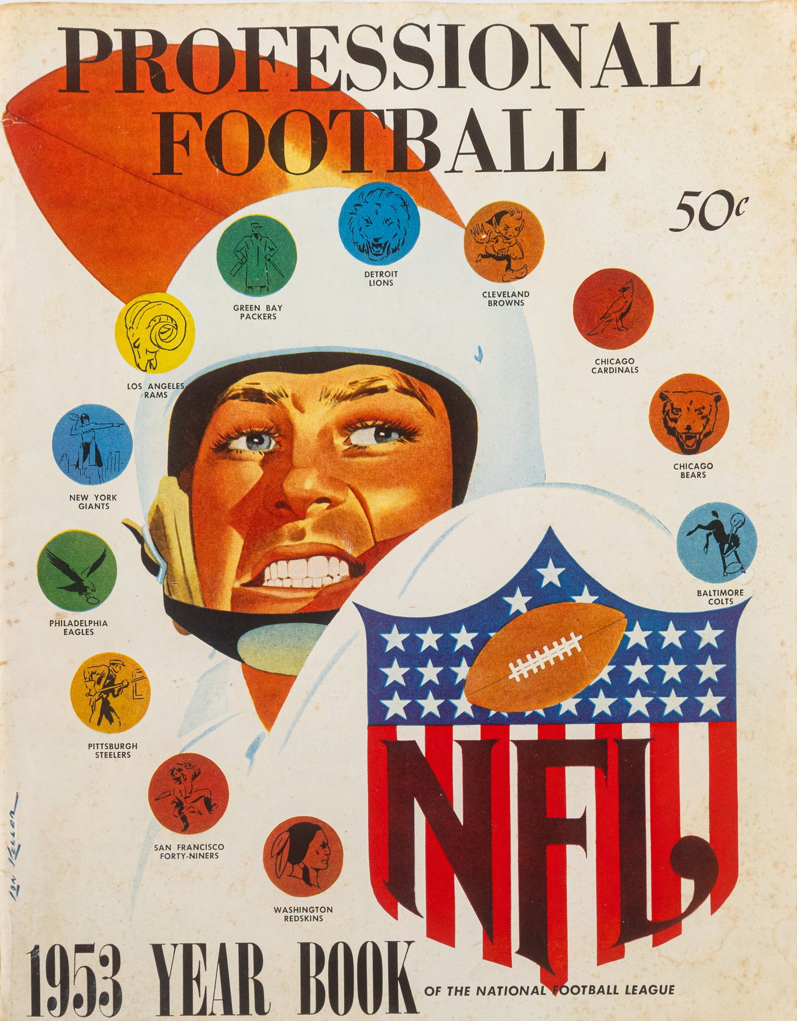 Vintage 1953 Professional Football NFL Year Book (Yearbook) VG Ian Keller Cover Art: Authentic, vintage, & original 1953 Professional Football NFL Year Book, completely intact in very good condition considering its age, with Ian Keller Cover Art Approximate Dimensions: 8.5 x 11 inches